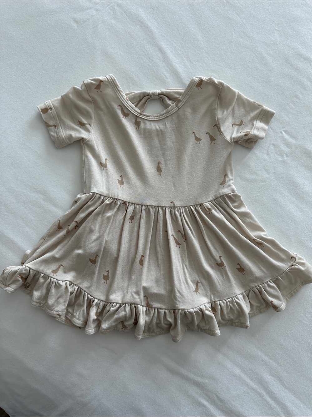 Beige Baby Bamboo Ruffle Hem Dress with Bird Print